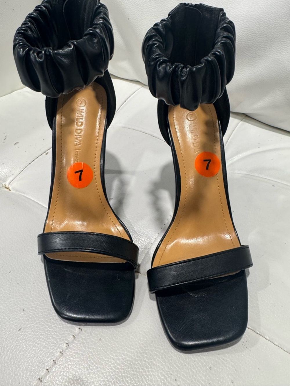 DIVA Lounge Black Ruched Ankle-Strap Square-Toe Heels
